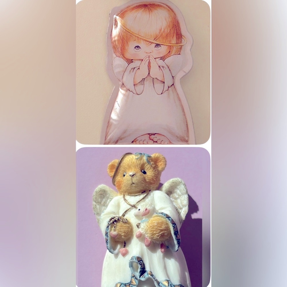 2 Vintage Angel Pins: Resin Bear w Lamb, Metal puffy hollow little barefoot girl